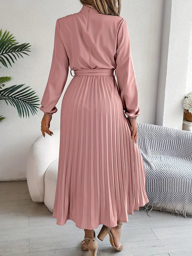 Women's Pleated Midi Dress with Stand Collar and Tie Belt in Pink