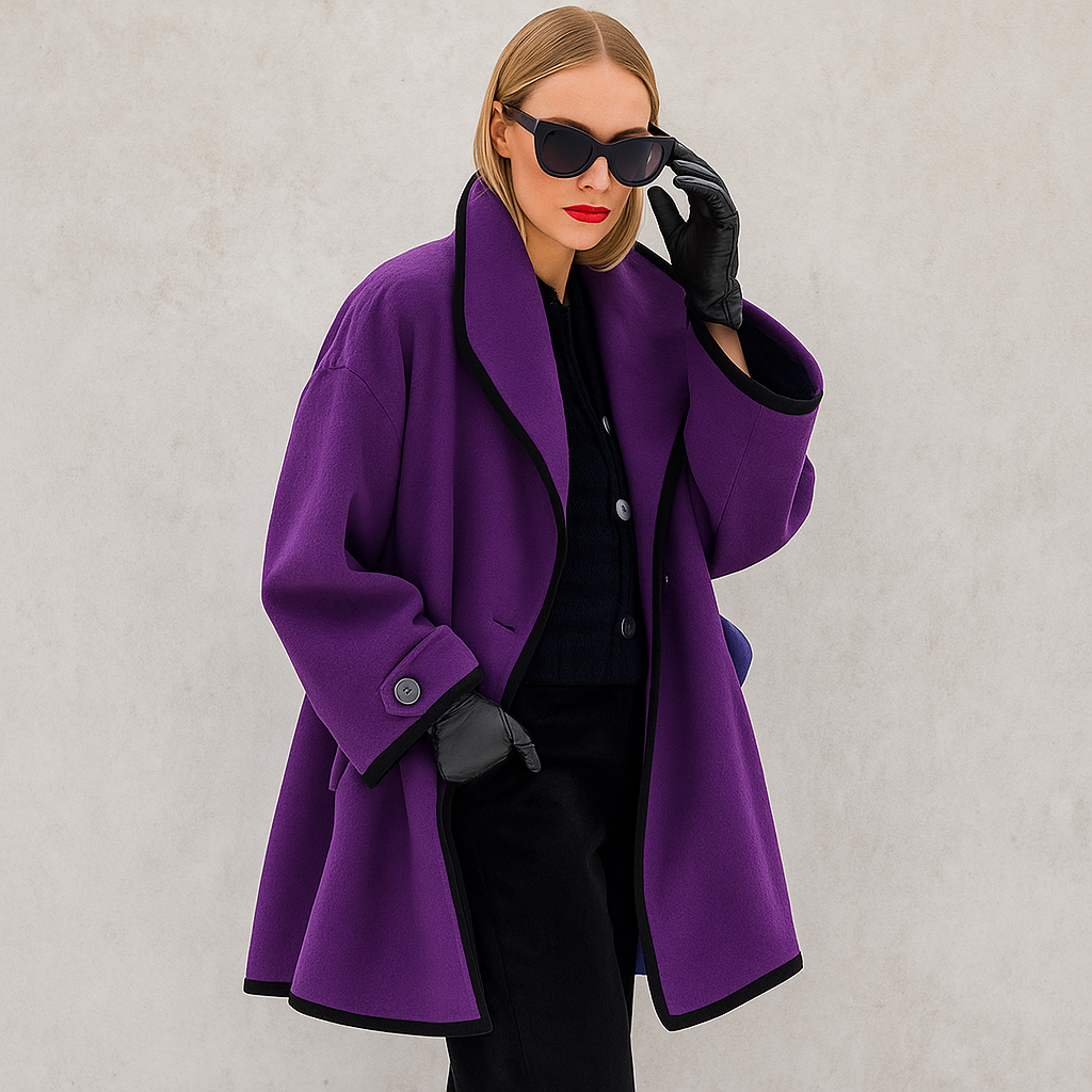 Women's Coat with Wide Lapels and Contrast Piping in Purple