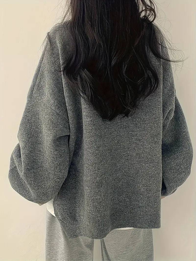 Women's Oversized Jumper with Round Neck and Melange Knit in Grey