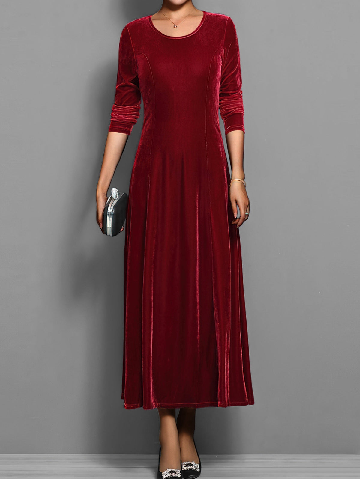 Women's Flared Maxi Dress with Round Neck and Gathered Sleeves in Red