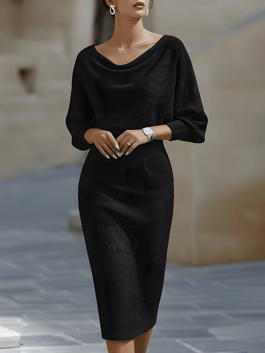 Women's Ribbed Knit Midi Dress with Cowl Neck and Batwing Sleeves in Black