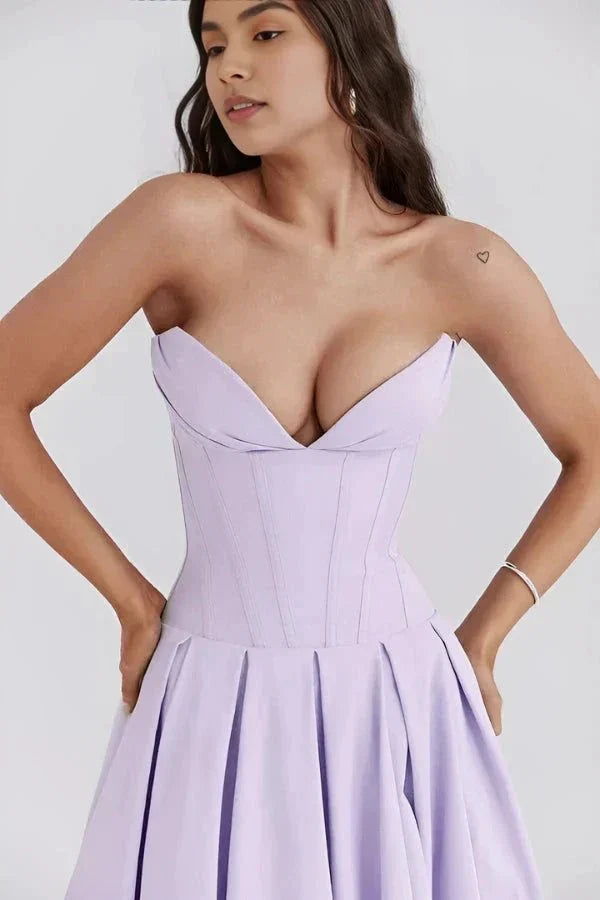 Women's Strapless Midi Dress with Sweetheart Neckline, Full Skirt in Lilac