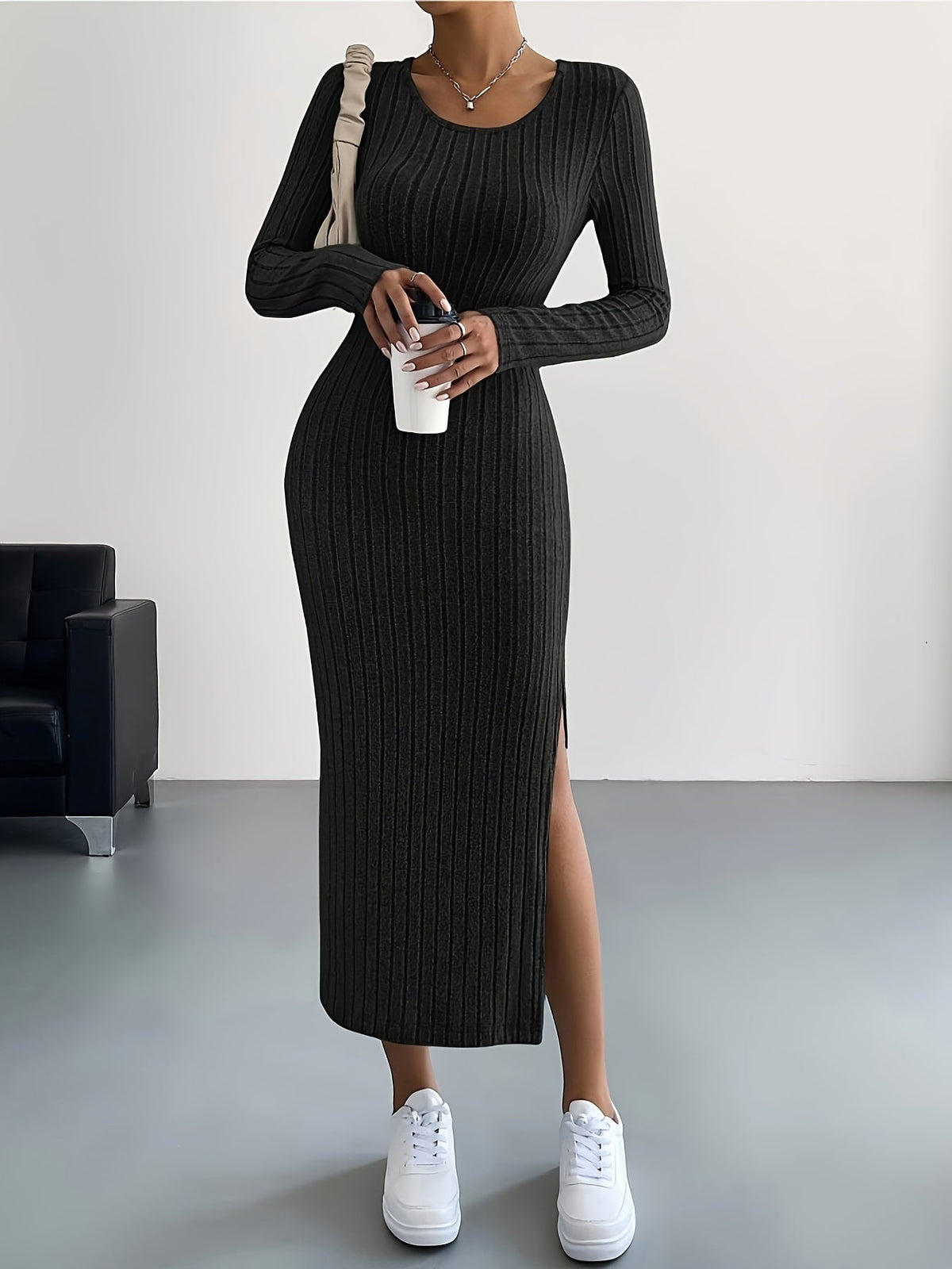 Women's Ribbed Knit Maxi Dress with Round Neck and Side Slit in Black