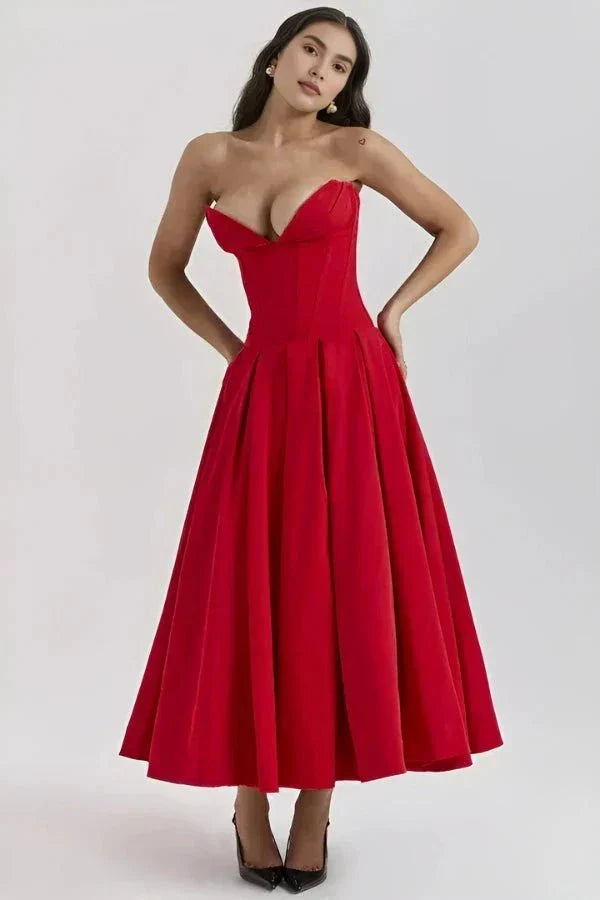 Women's Strapless Midi Dress with Sweetheart Neckline, Full Skirt in Red