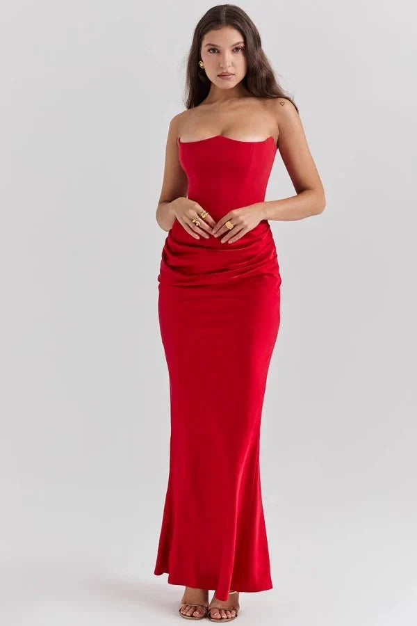 Women's Strapless Maxi Dress with Corset Bodice and Ruching in Ruby