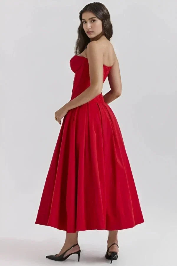 Women's Strapless Midi Dress with Sweetheart Neckline, Full Skirt in Red