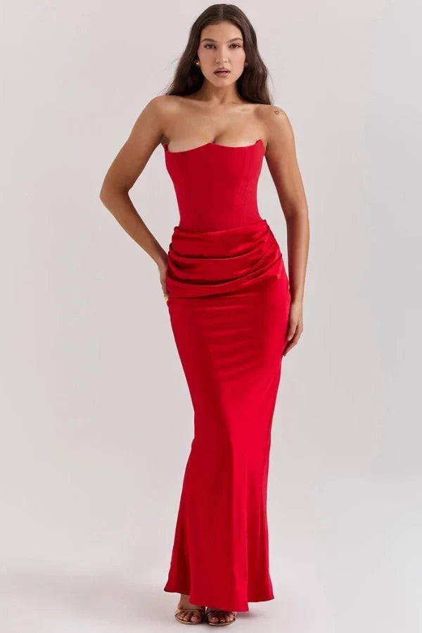 Women's Strapless Maxi Dress with Corset Bodice and Ruching in Ruby
