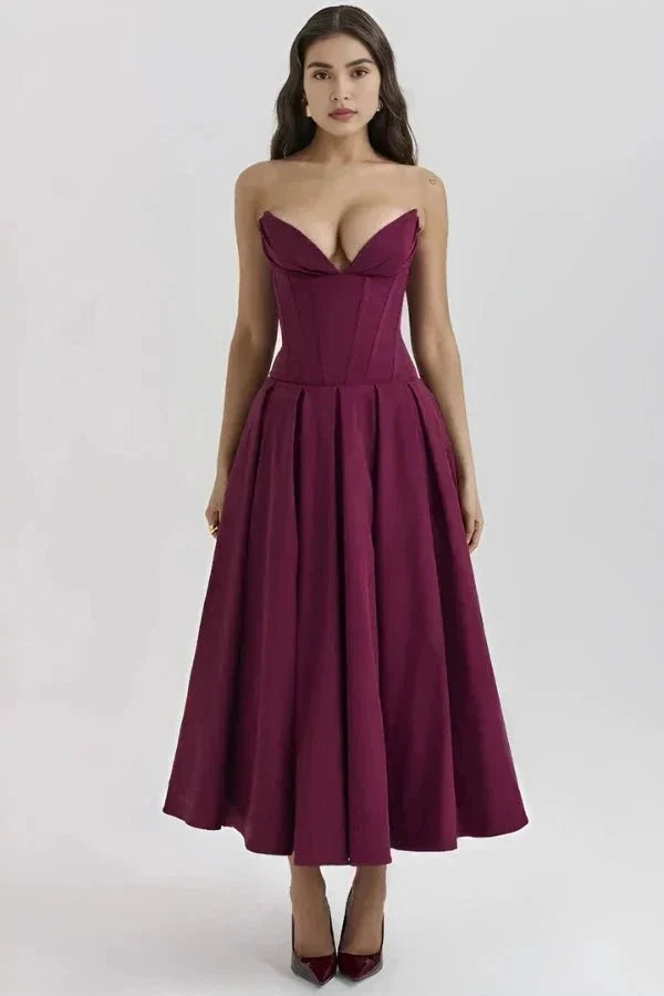 Women's Strapless Midi Dress with Sweetheart Neckline, Full Skirt in Wine Red