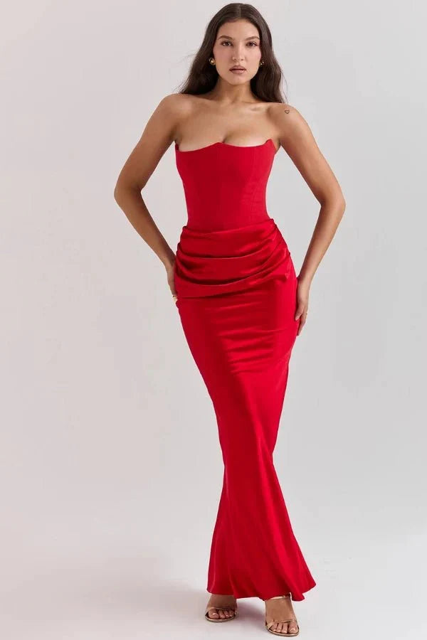 Women's Strapless Maxi Dress with Corset Bodice and Ruching in Ruby