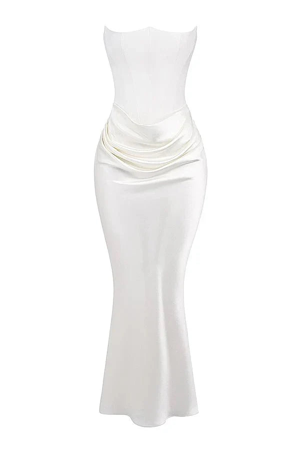 Women's Strapless Maxi Dress with Corset Bodice and Ruching in Pink