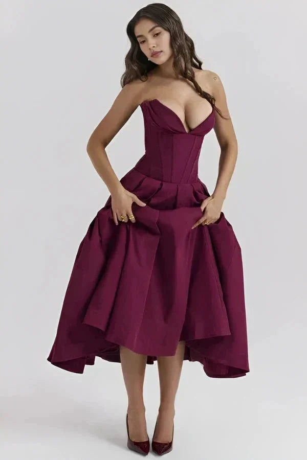Women's Strapless Midi Dress with Sweetheart Neckline, Full Skirt in Wine Red