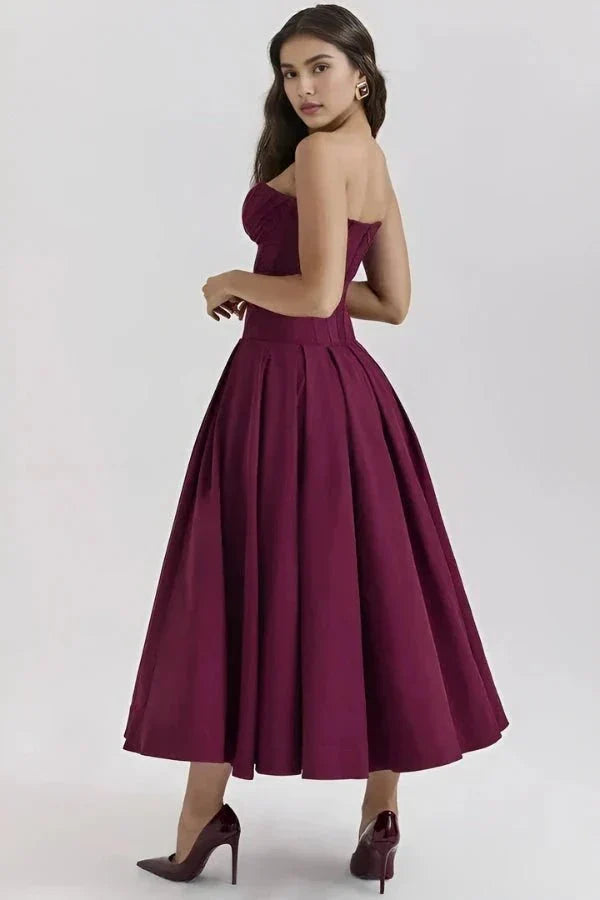 Women's Strapless Midi Dress with Sweetheart Neckline, Full Skirt in Wine Red