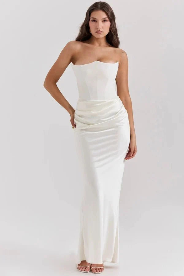 Women's Strapless Maxi Dress with Corset Bodice and Ruching in Ivory