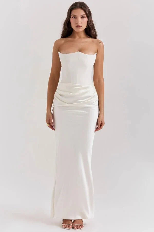 Women's Strapless Maxi Dress with Corset Bodice and Ruching in Ivory