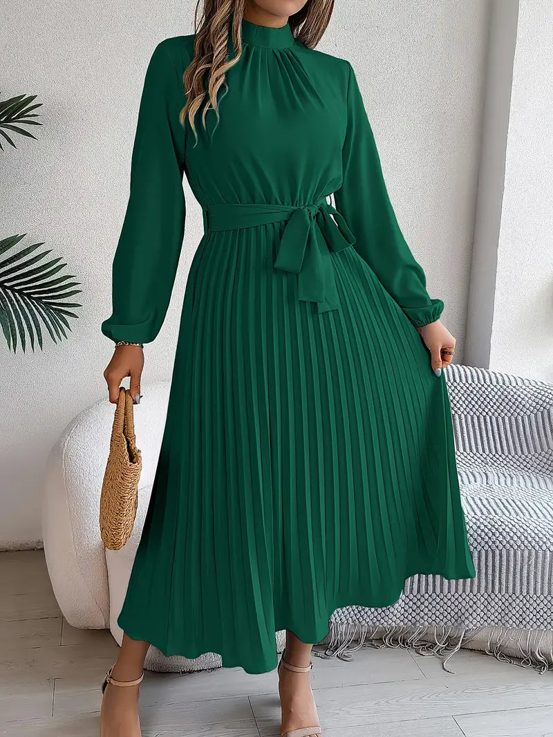 Women's Pleated Midi Dress with Stand Collar and Tie Belt in Green