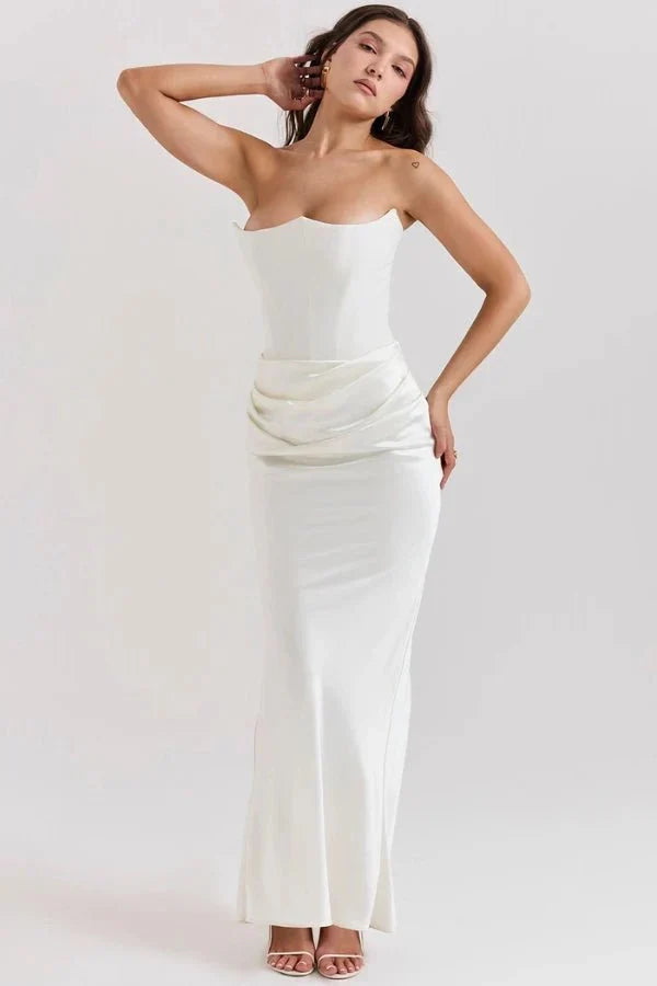 Women's Strapless Maxi Dress with Corset Bodice and Ruching in Ivory