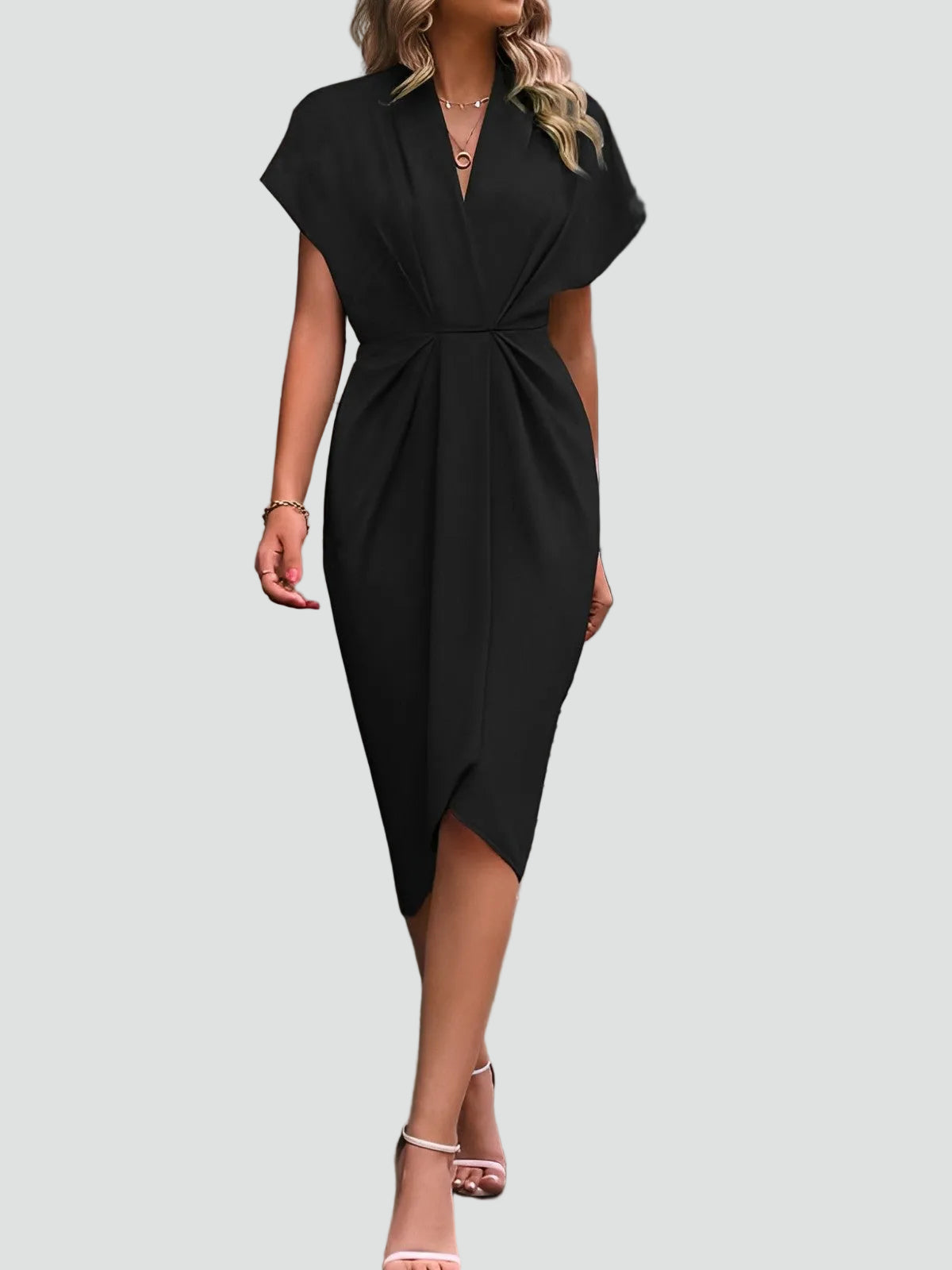 Women's V-Neck Midi Dress with Tie Waist and Wrap Skirt in Black