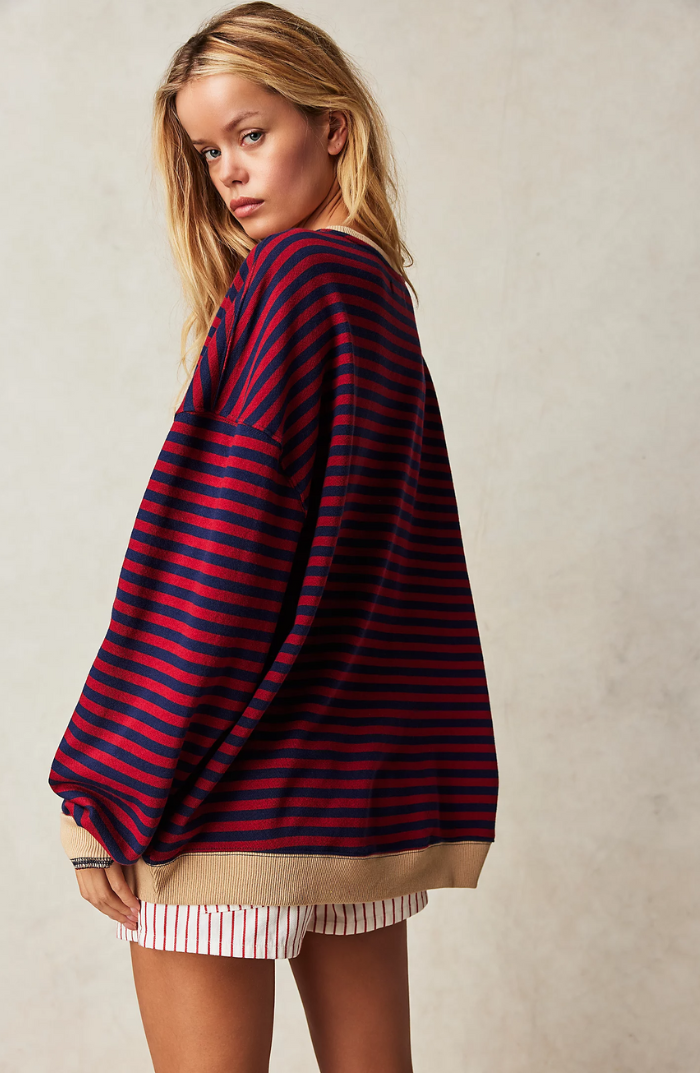 Women's Striped Oversized Jumper with Contrast Trim in Navy-Red