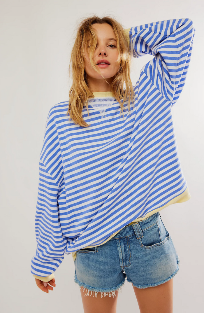 Women's Striped Oversized Jumper with Contrast Trim in Blue