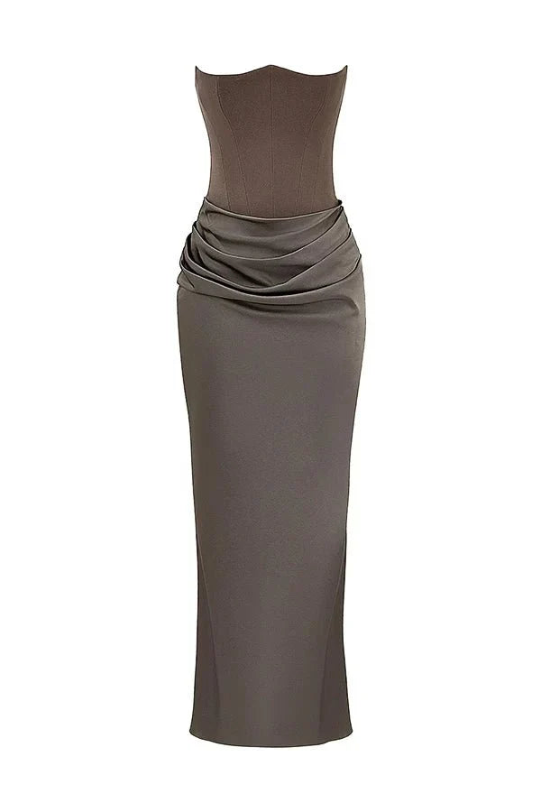 Women's Strapless Maxi Dress with Corset Bodice and Ruching in Pink
