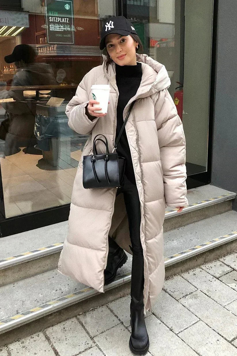 Women's Maxi Quilted Coat with Hood and Full-Length Zip in Beige