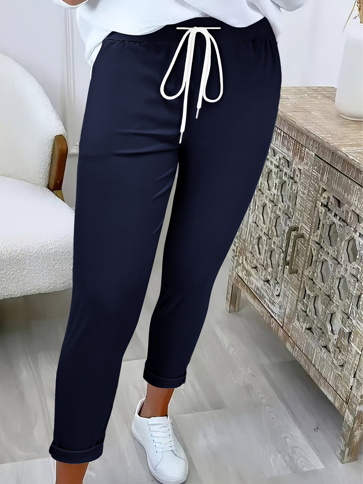 Women's Joggers with Tie Waist and Turn-Up Cuffs in Navy