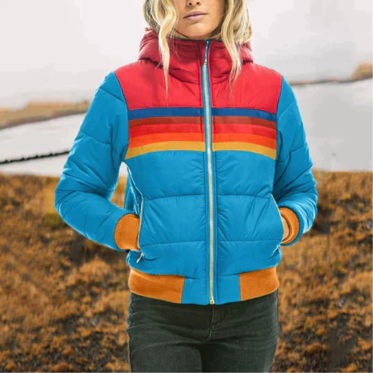 Women's Quilted Hooded Coat with Colourful Stripes in Light Blue