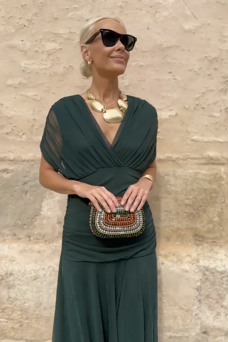 Women's Off-Shoulder Maxi Dress with Draped Crossover Bodice in Green