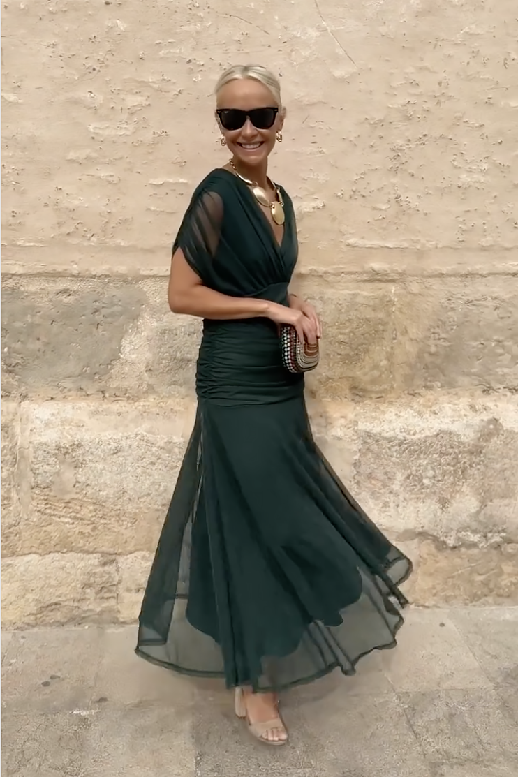 Women's Off-Shoulder Maxi Dress with Draped Crossover Bodice in Green