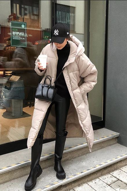 Women's Maxi Quilted Coat with Hood and Full-Length Zip in Beige