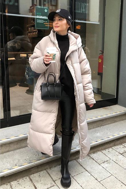 Women's Maxi Quilted Coat with Hood and Full-Length Zip in Beige