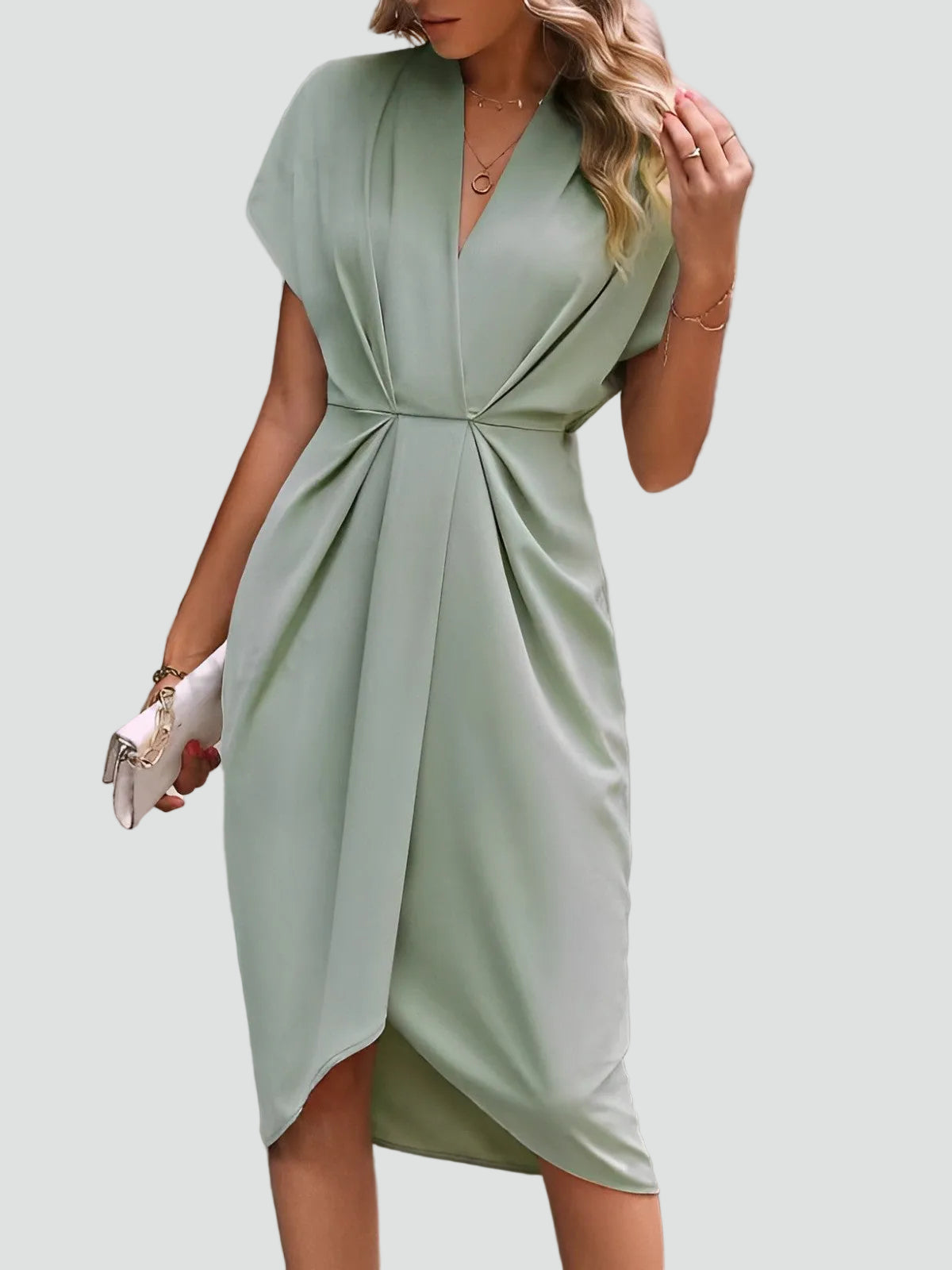 Women's V-Neck Midi Dress with Tie Waist and Wrap Skirt in Light Green