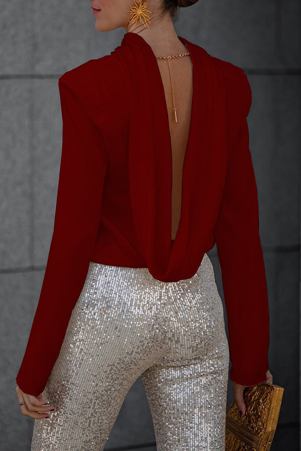 Women's Open-Back Blouse with Draped Detail, Long Sleeves in Wine Red