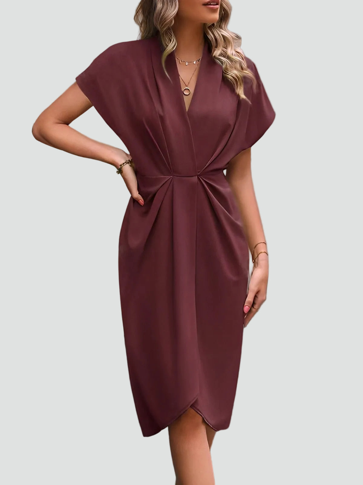 Women's V-Neck Midi Dress with Tie Waist and Wrap Skirt in Rust
