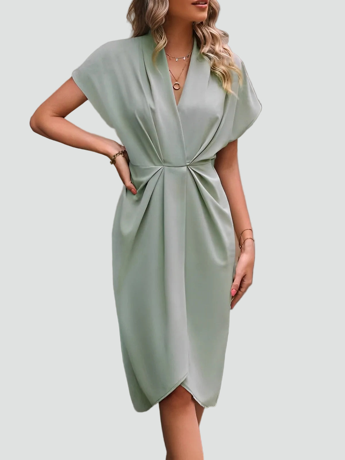 Women's V-Neck Midi Dress with Tie Waist and Wrap Skirt in Light Green