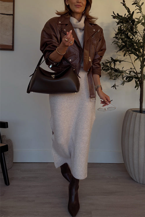 Women's Sleeveless Ribbed Knit Midi Dress with Roll Neck in Camel