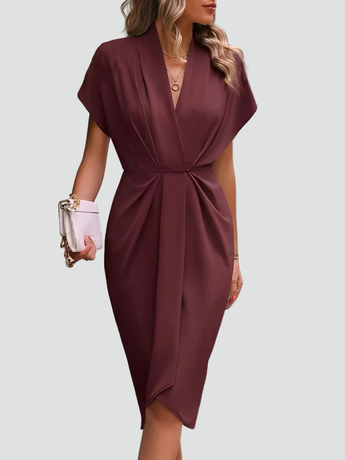 Women's V-Neck Midi Dress with Tie Waist and Wrap Skirt in Rust