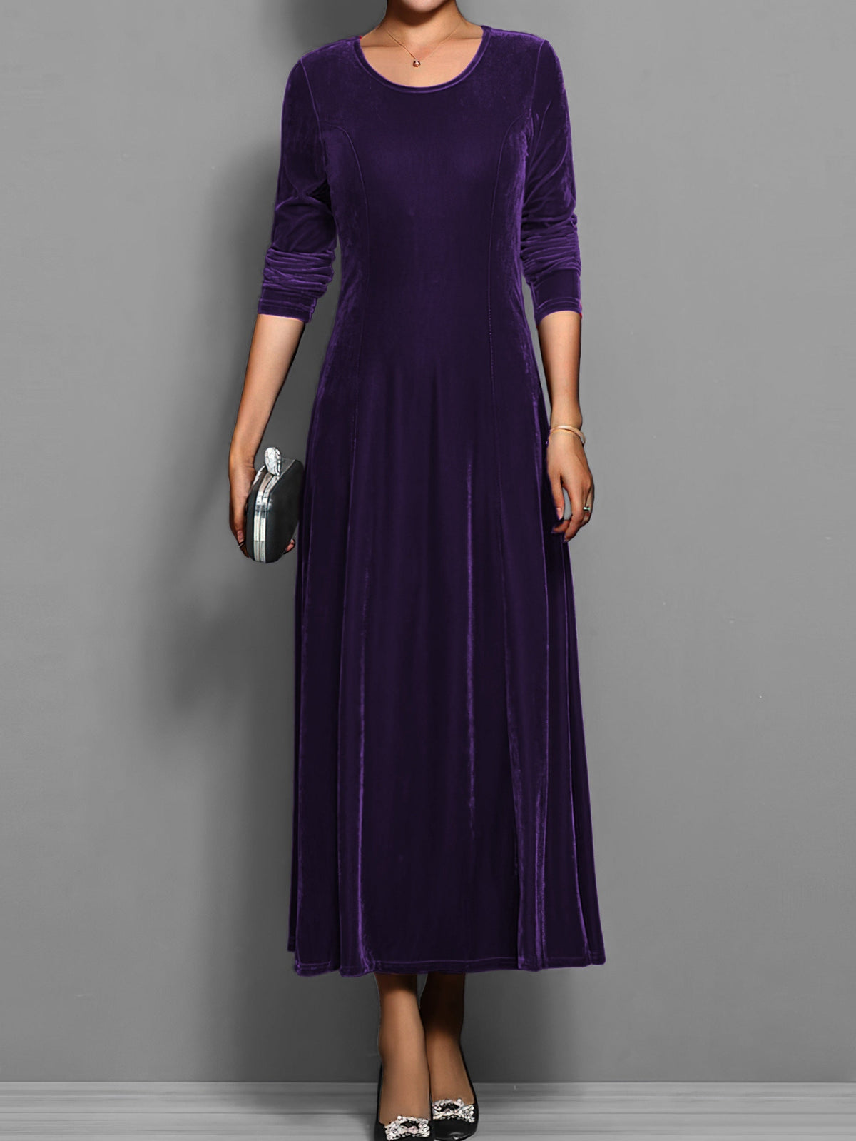 Women's Flared Maxi Dress with Round Neck and Gathered Sleeves in Purple