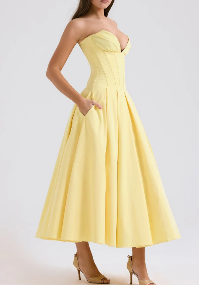 Women's Strapless Midi Dress with Sweetheart Neckline, Pleated Skirt in Yellow