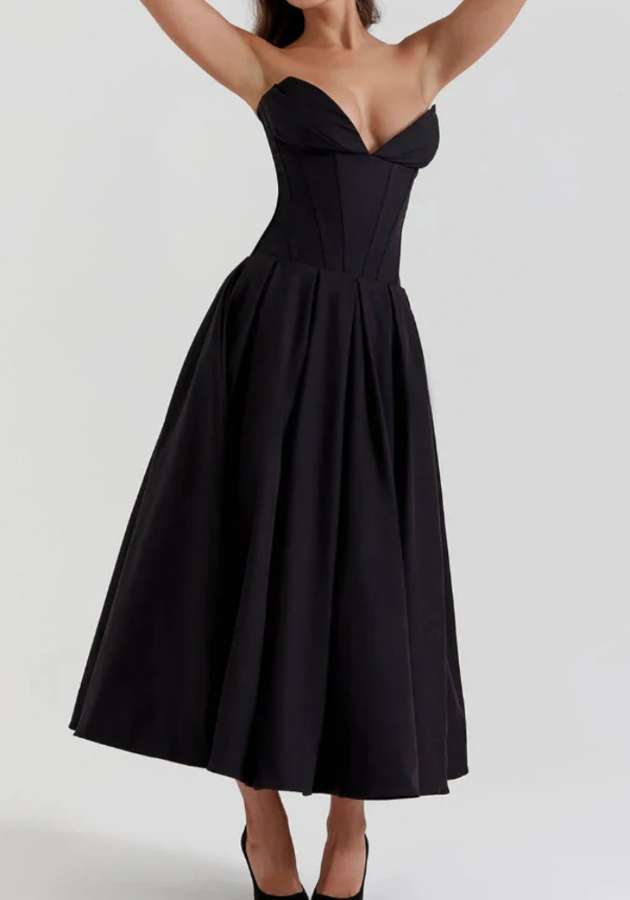 Women's Strapless Midi Dress with Sweetheart Neckline, Pleated Skirt in Black