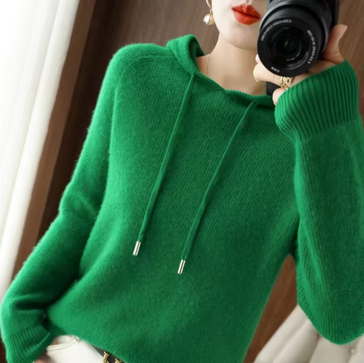 Women's Knitted Hooded Sweater with Drawstrings, Relaxed Fit in Green