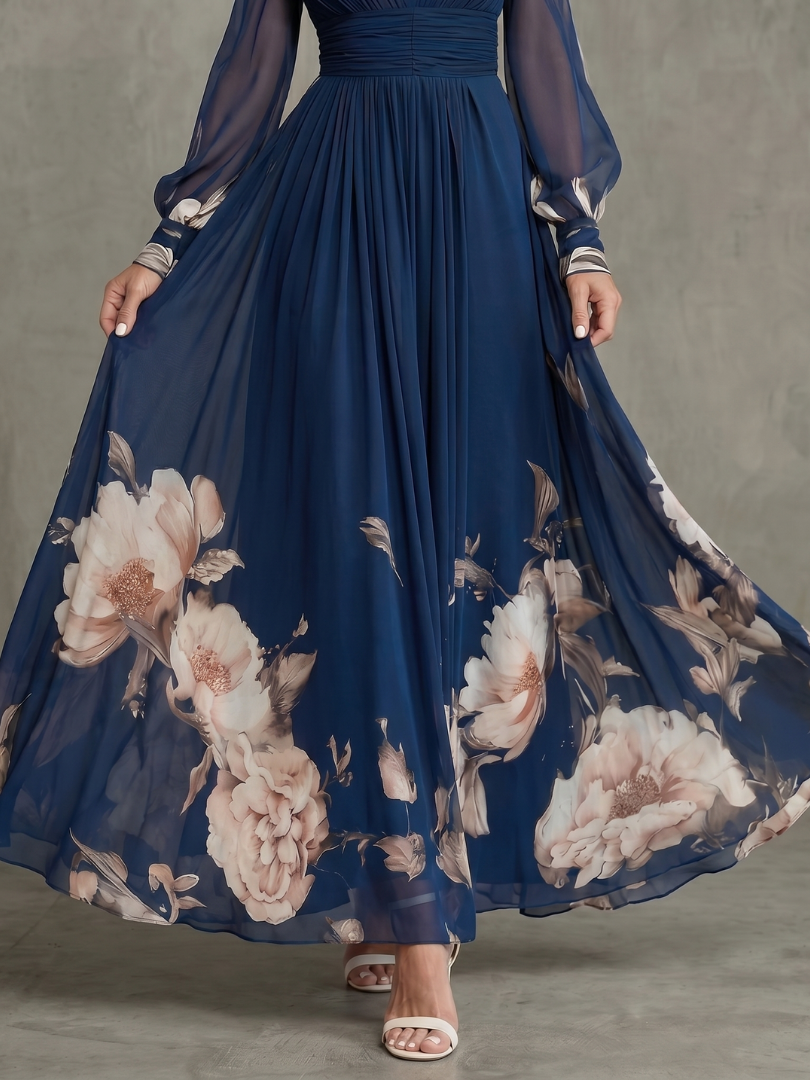 Women's Navy Floral Maxi Dress with V-Neckline in Navy
