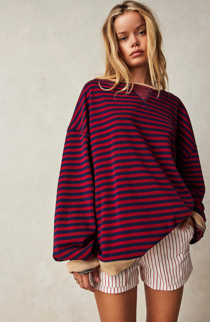 Women's Striped Oversized Jumper with Contrast Trim in Navy-Red