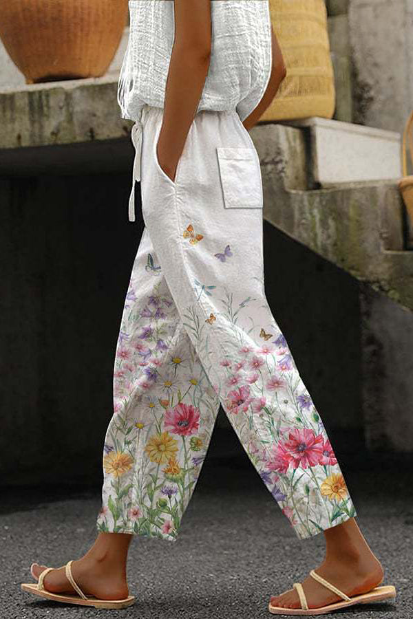 Women's 7/8 Wide-Leg Trousers with a Tie Waist in White-Pink