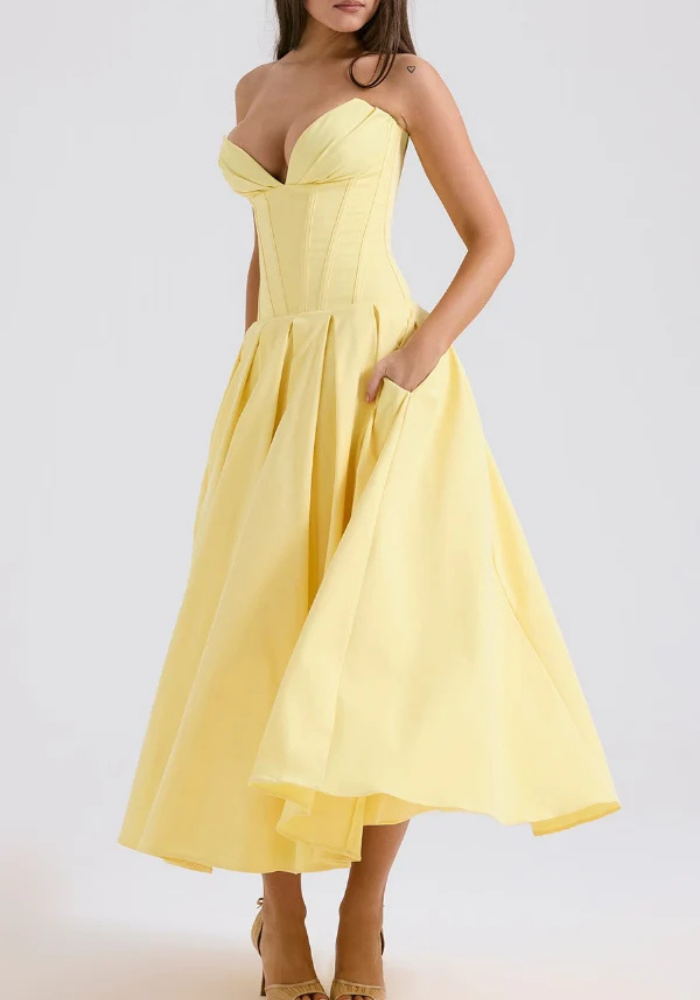 Women's Strapless Midi Dress with Sweetheart Neckline, Pleated Skirt in Yellow