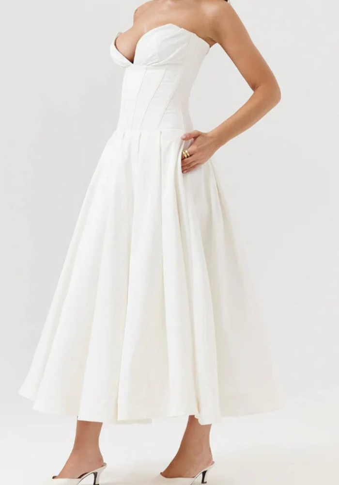 Women's Strapless Midi Dress with Sweetheart Neckline, Pleated Skirt in White