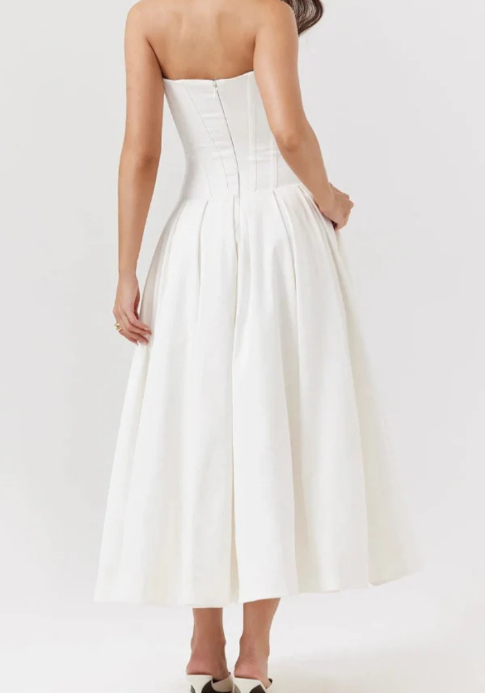 Women's Strapless Midi Dress with Sweetheart Neckline, Pleated Skirt in White
