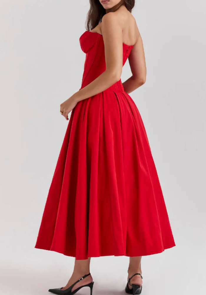Women's Strapless Midi Dress with Sweetheart Neckline, Pleated Skirt in Red