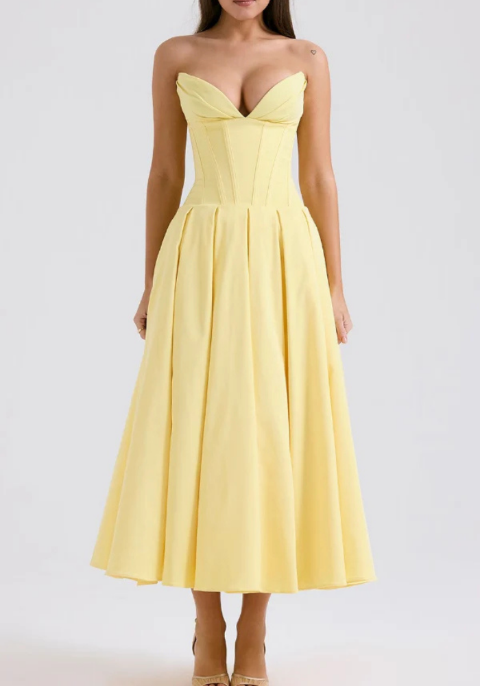 Women's Strapless Midi Dress with Sweetheart Neckline, Pleated Skirt in Yellow