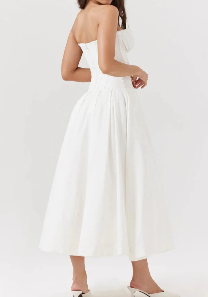 Women's Strapless Midi Dress with Sweetheart Neckline, Pleated Skirt in White